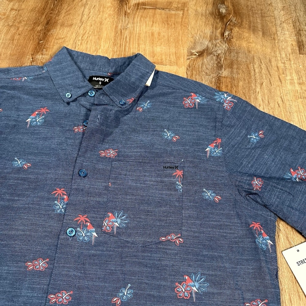 NEW Hurley OAO Stretch Print SS Shirt Mens Small Navy Parrot Floral USA